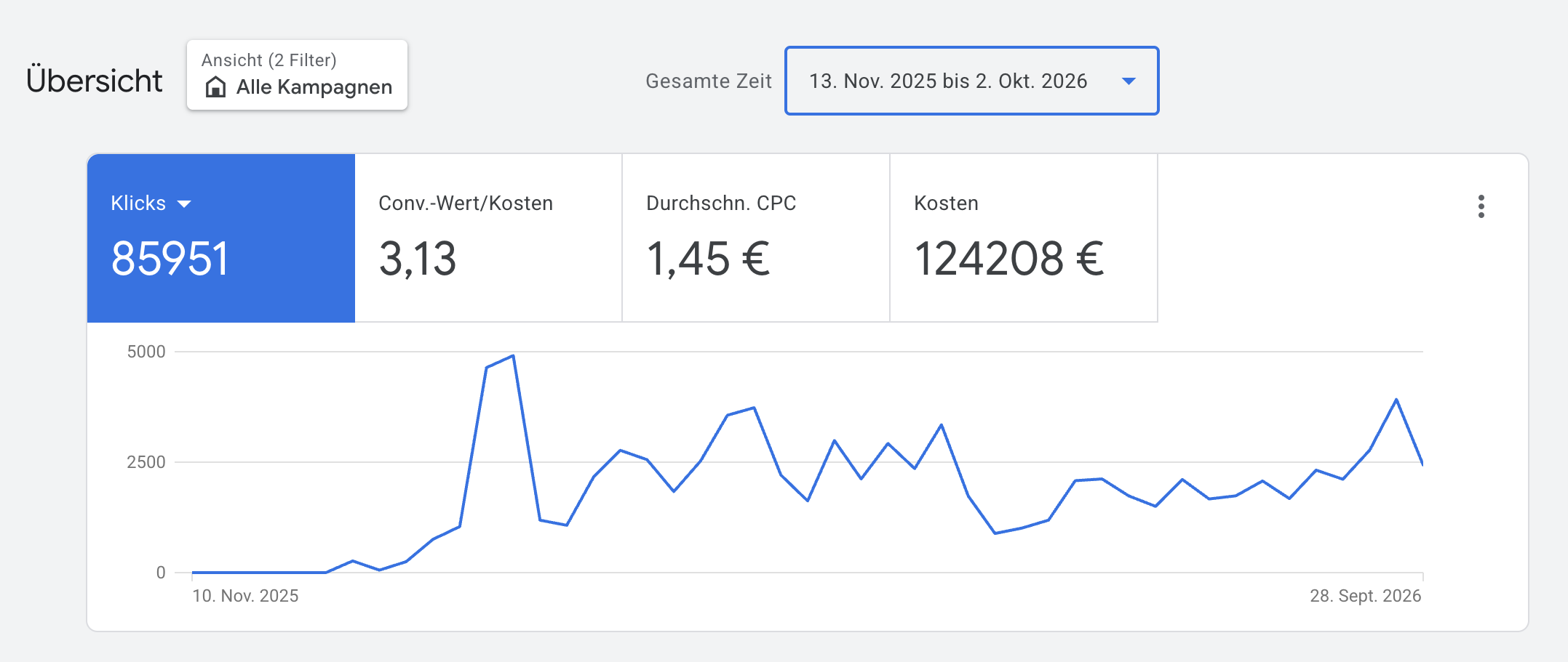Beleg 1.1: Google Ads, gesamte Laufzeit: ROAS 3,13 bei 124.208 € Kosten